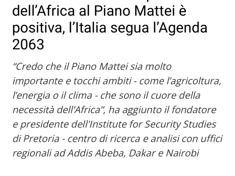 Cilliers a Nova: La risposta dell’Africa al Piano Mattei è positiva, l’Italia segua l’Agenda 2063