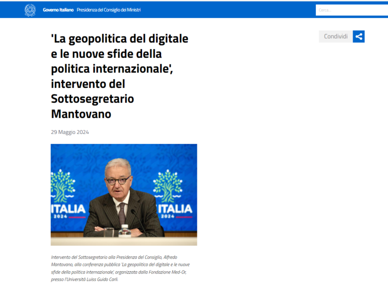 Governo Italiano - "La geopolitica del digitale e le nuove sfide della politica internazionale", intervento del Sottosegretario Mantovano